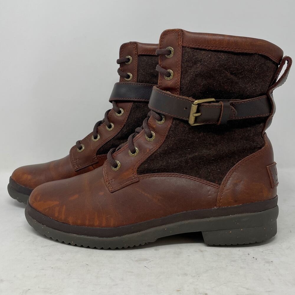 UGG Kesey Brown Leather Felt Lace Up Zip Buckle Harness Boots 6